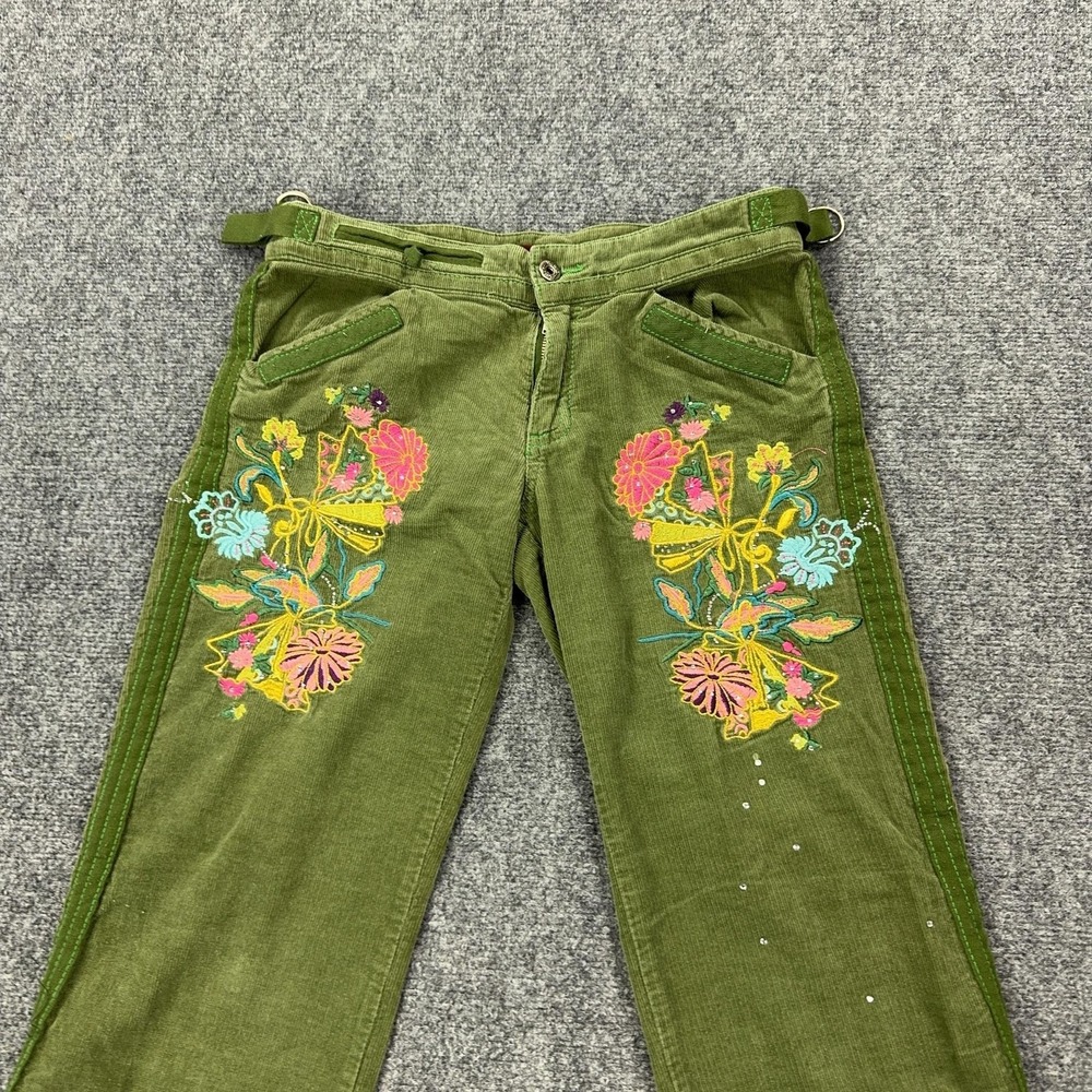 Miss Me Pants Womens L Green Corduroy Y2K Floral Embroidered Rhinestone Belted - Picture 2 of 16